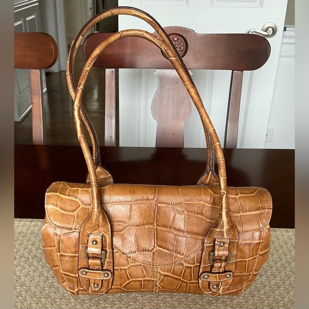 Tignanello Tan Croc Embossed Leather Shoulder Bag